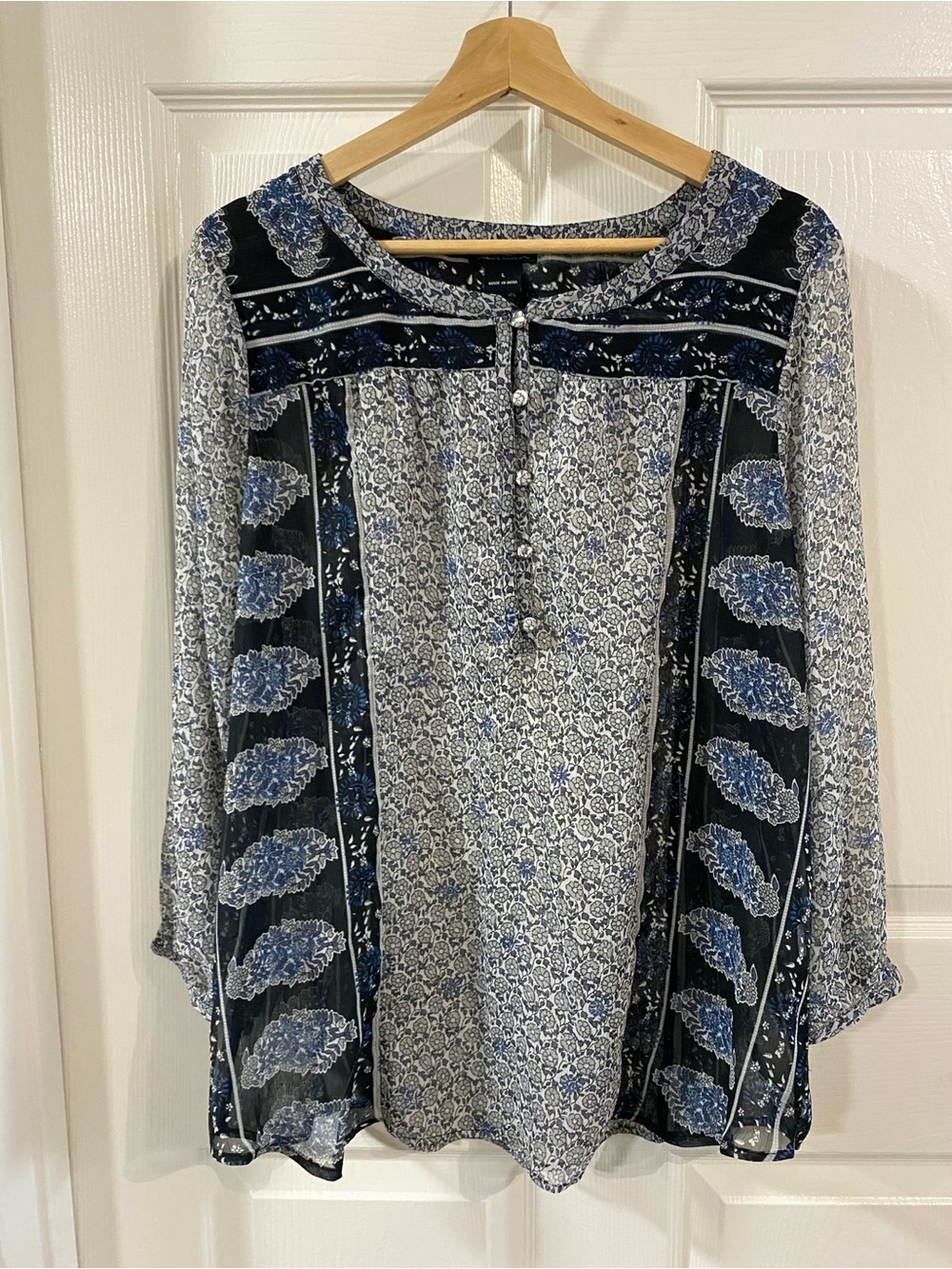 Lucky Brand Navy White Paisley Button Floral Blouse L Boho Prairie Peasant